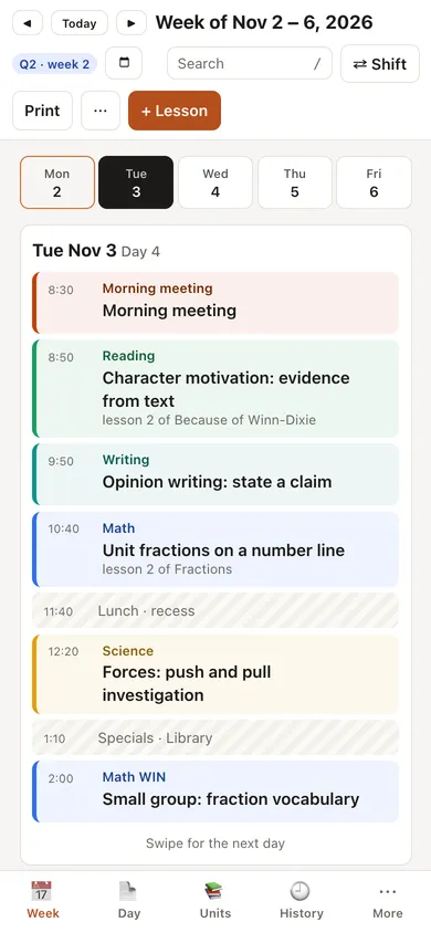 TeachDay on a phone: Tuesday’s classes one under another, with times, swipe for the next day